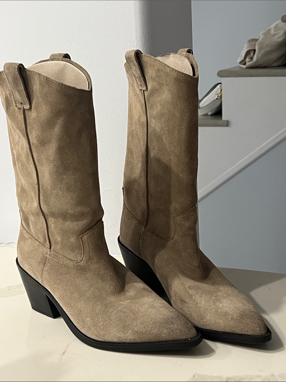 Steve Madden Taupe Suede Western Mid-Calf Heeled Boots
